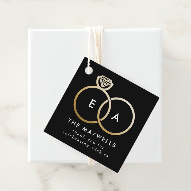 Schwarz-Modern-Monogramm-Goldene Hochzeitsringe Geschenkanhänger (Beispiel)