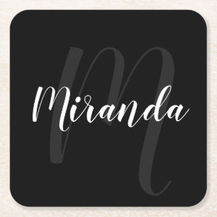 Schwarz-Modern-Script-Personalisiert-Monogramm und Rechteckiger Pappuntersetzer