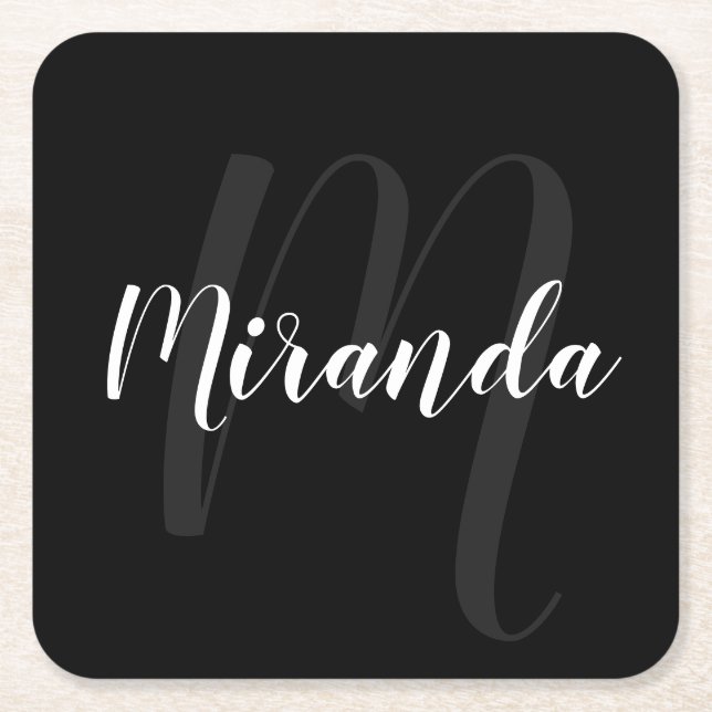 Schwarz-Modern-Script-Personalisiert-Monogramm und Rechteckiger Pappuntersetzer (Vorderseite)