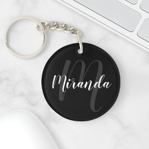 Schwarz-Modern-Script-Personalisiert-Monogramm und Schlüsselanhänger