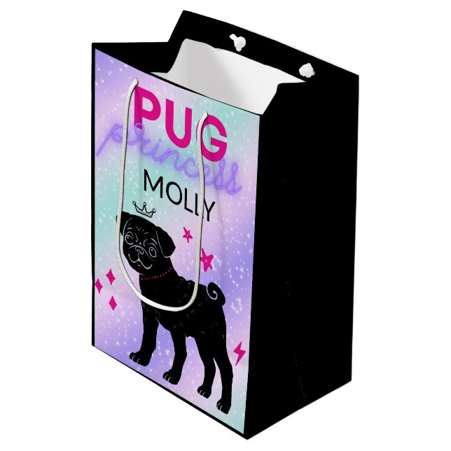 SCHWARZ" MOPS PRINCESS" MITTLERE GESCHENKTÜTE (Vorderseite Schrägansicht)