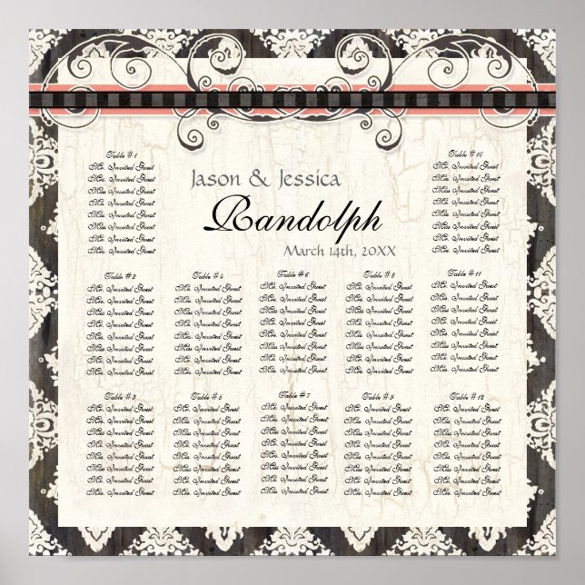Schwarz 'n White Damask Pink Hochzeitskarte Poster (Vorne)