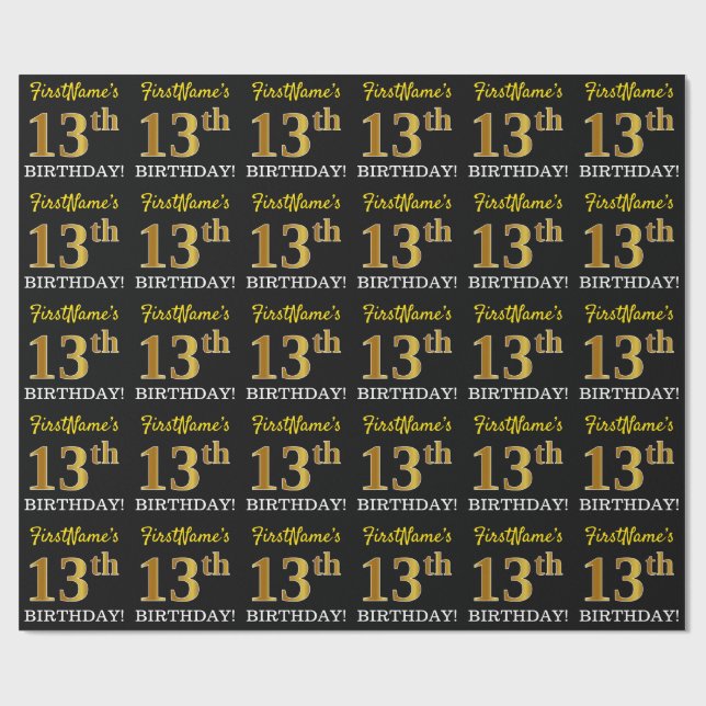 Schwarz, Nachahmung Gold "13. GEBURTSTAG" Geschenkpapier (Flach)