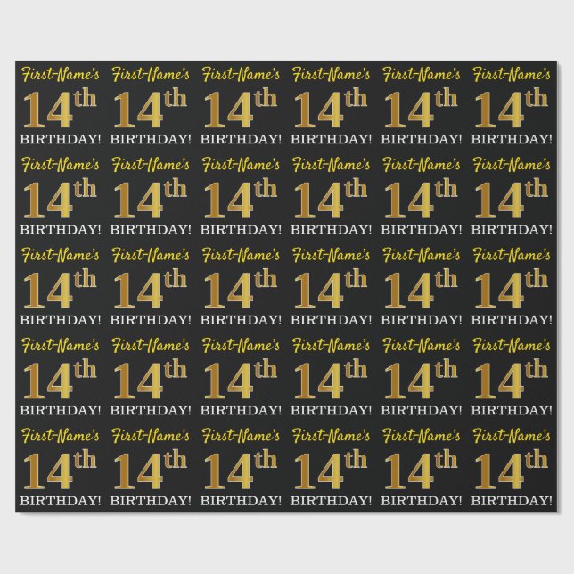 Schwarz, Nachahmung Gold "14. BIRTHDAY" Geschenkpapier (Flach)