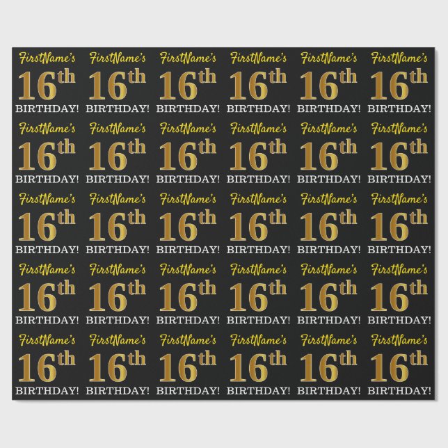 Schwarz, Nachahmung Gold "16. GEBURTSTAG" Geschenkpapier (Flach)