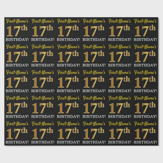Schwarz, Nachahmung Gold "17. BIRTHDAY" Geschenkpapier (Flach)