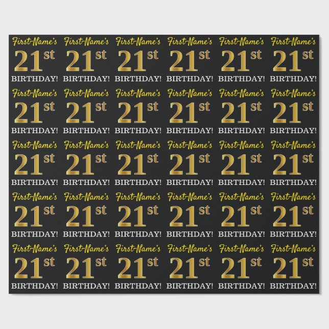 Schwarz, Nachahmung Gold "21. BIRTHDAY" Geschenkpapier (Flach)
