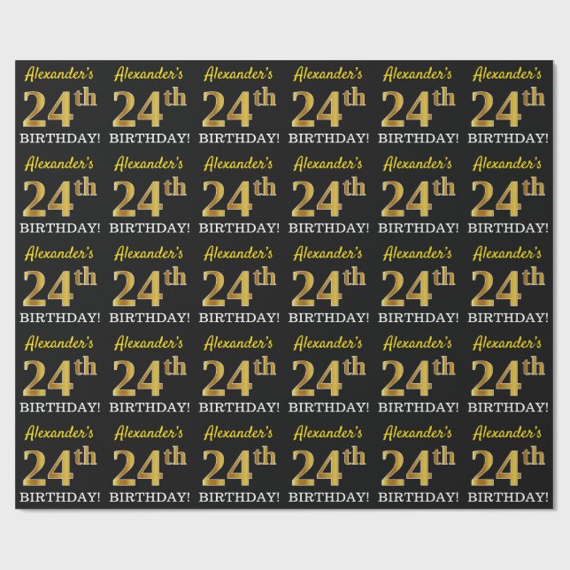Schwarz, Nachahmung Gold "24. BIRTHDAY" Geschenkpapier (Flach)