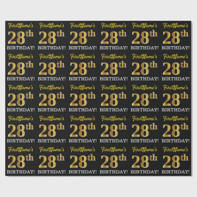 Schwarz, Nachahmung Gold "28. BIRTHDAY" Geschenkpapier (Flach)