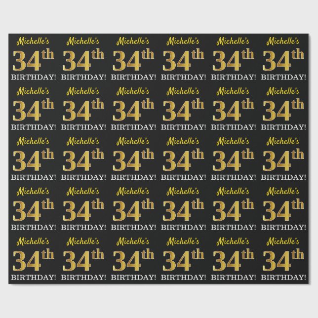 Schwarz, Nachahmung Gold "34. BIRTHDAY" Geschenkpapier (Flach)