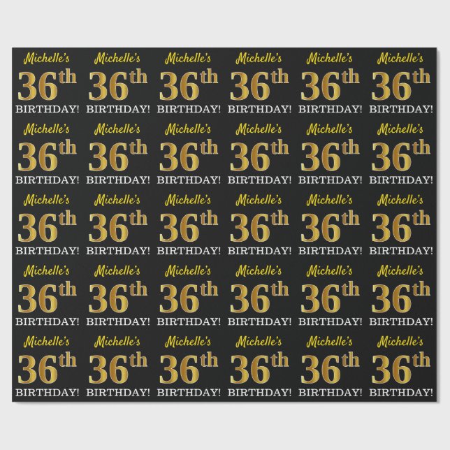 Schwarz, Nachahmung Gold "36. BIRTHDAY" Geschenkpapier (Flach)