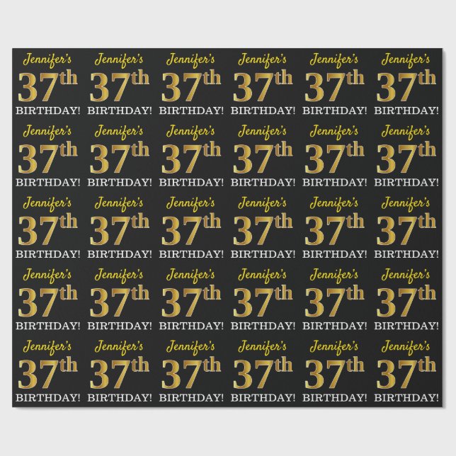 Schwarz, Nachahmung Gold "37. BIRTHDAY" Geschenkpapier (Flach)