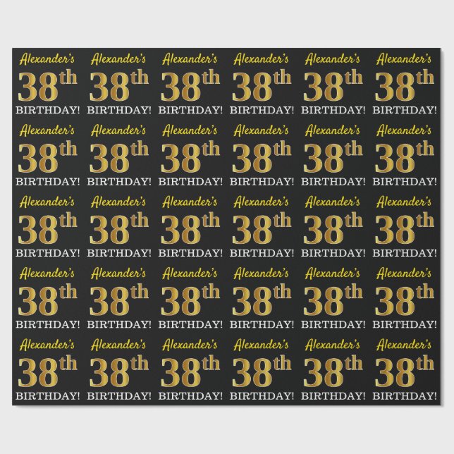 Schwarz, Nachahmung Gold "38. BIRTHDAY" Geschenkpapier (Flach)