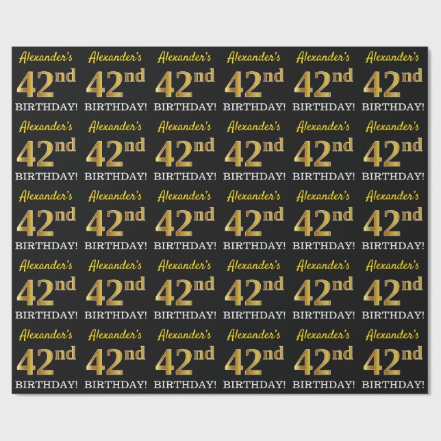 Schwarz, Nachahmung Gold "42. BIRTHDAY" Geschenkpapier (Flach)