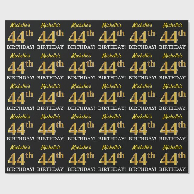 Schwarz, Nachahmung Gold "44. BIRTHDAY" Geschenkpapier (Flach)