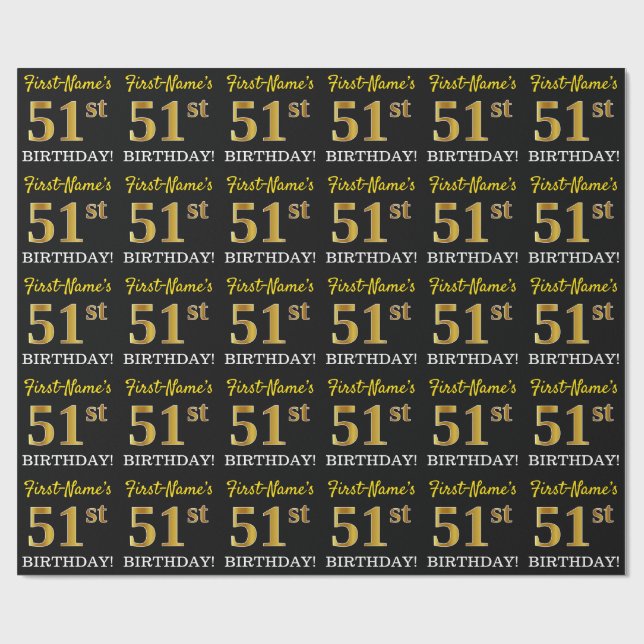 Schwarz, Nachahmung Gold "51. BIRTHDAY" Geschenkpapier (Flach)