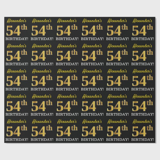 Schwarz, Nachahmung Gold "54. BIRTHDAY" Geschenkpapier (Flach)