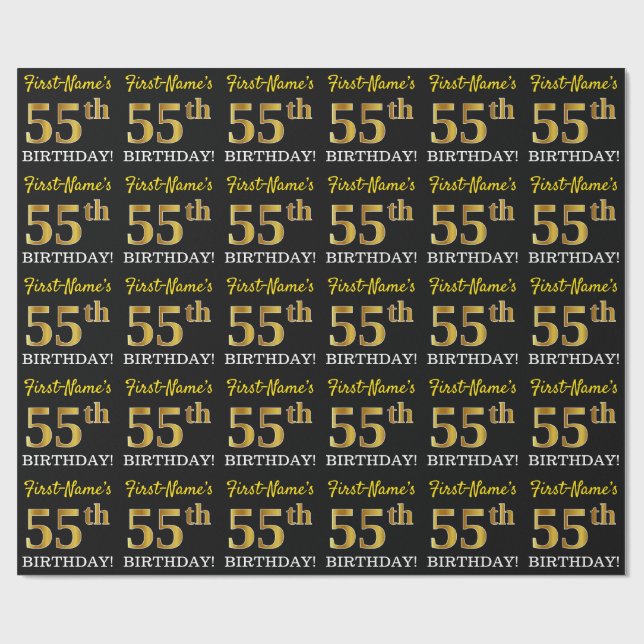 Schwarz, Nachahmung Gold "55. BIRTHDAY" Geschenkpapier (Flach)