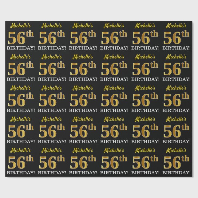 Schwarz, Nachahmung Gold "56. BIRTHDAY" Geschenkpapier (Flach)