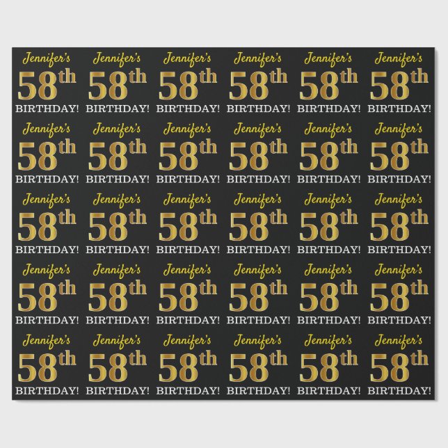 Schwarz, Nachahmung Gold "58. BIRTHDAY" Geschenkpapier (Flach)