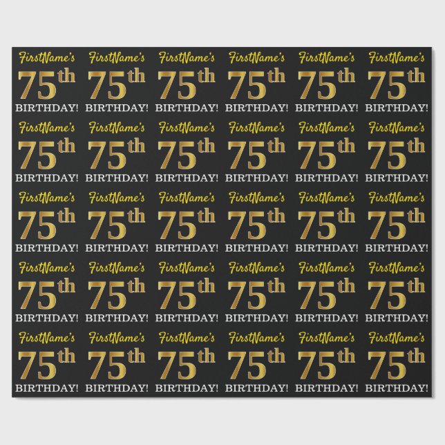 Schwarz, Nachahmung Gold "75. BIRTHDAY" Geschenkpapier (Flach)