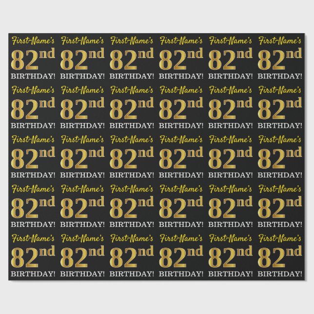 Schwarz, Nachahmung Gold "82. BIRTHDAY" Geschenkpapier (Flach)