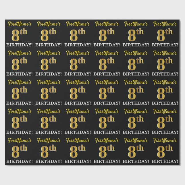 Schwarz, Nachahmung Gold "8. BIRTHDAY" Geschenkpapier (Flach)