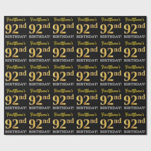 Schwarz, Nachahmung Gold "92. BIRTHDAY" Geschenkpapier (Flach)