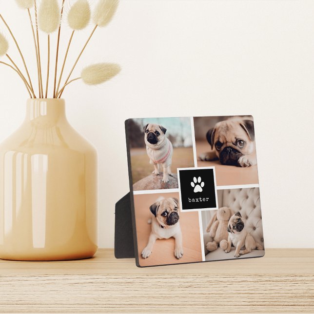Schwarz | Name des Hundes und Pawprint FotoCollage Fotoplatte (Von Creator hochgeladen)