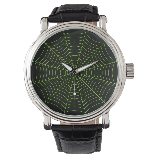 Schwarz-Neon-Grün-Spinnennetz Halloween-Muster Armbanduhr (Vorderseite)