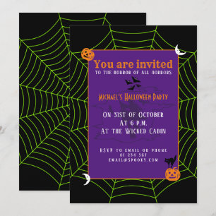 Schwarz-Neon-Grün-Spinnennetz Halloween-Muster Einladung
