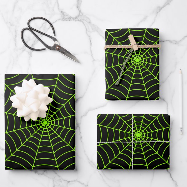 Schwarz-Neon-Grün-Spinnennetz Halloween-Muster Geschenkpapier Set (Vorderseite)