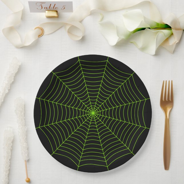 Schwarz-Neon-Grün-Spinnennetz Halloween-Muster Pappteller (Hochzeit)