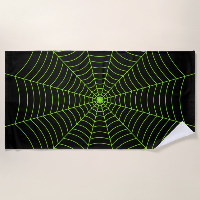 Schwarz-Neon-Grün-Spinnennetz Halloween-Muster Strandtuch (Vorderseite)