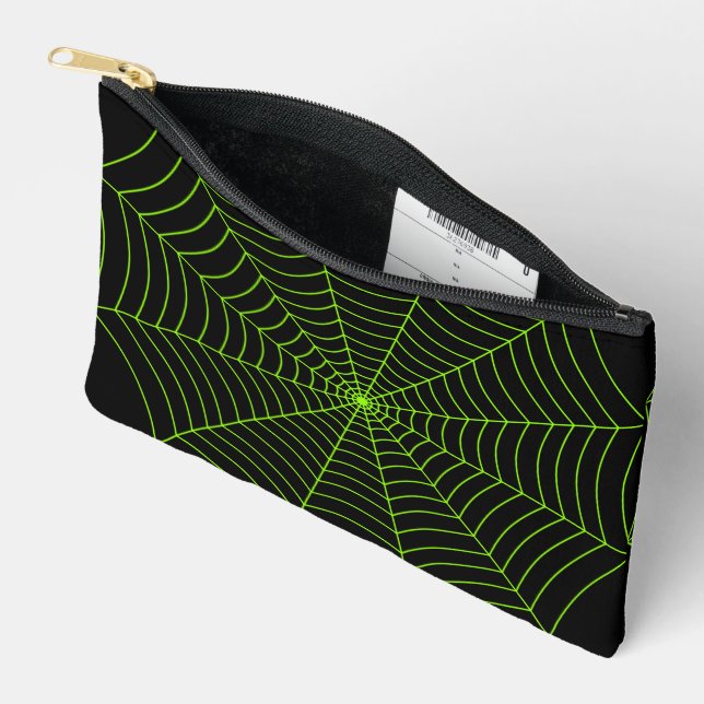 Schwarz-Neon-Grün-Spinnennetz Halloween-Muster Zubehörtasche (Offen)