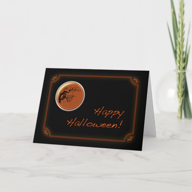 Schwarz-Neon-Orange-Eule-Halloween-Karte Karte (Vorderseite)