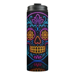 Schwarz, Neon-Zuckerschädel/Día de los Muertos-Wil Thermosbecher
