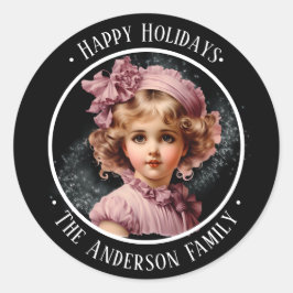 Schwarz Nostalgischer Happy Holiday mit Mädchen in Runder Aufkleber
