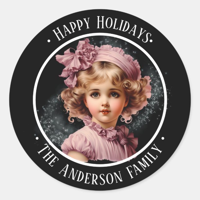 Schwarz Nostalgischer Happy Holiday mit Mädchen in Runder Aufkleber (Vorderseite)