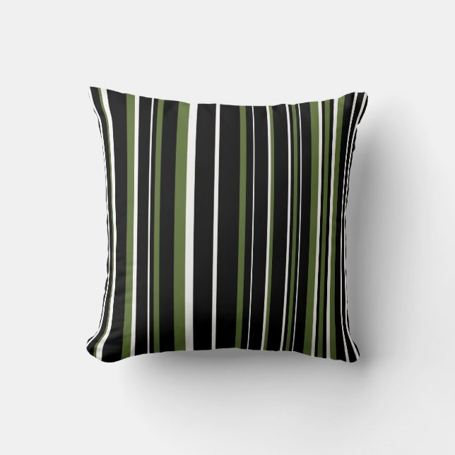 Schwarz, Olive Green und White Barcode Strip Kissen (Vorderseite)