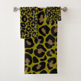 schwarz & olivgrün Tierprint Leopard Badhandtuch Set