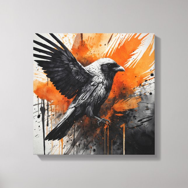 Schwarz-Orange Abstrakt Bird Watercolor Wand Kunst (Vorderseite)