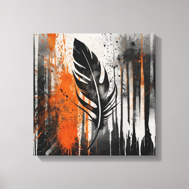 Schwarz Orange Abstrakte Feder Wasserfarbene Wand  Leinwanddruck (Vorderseite)