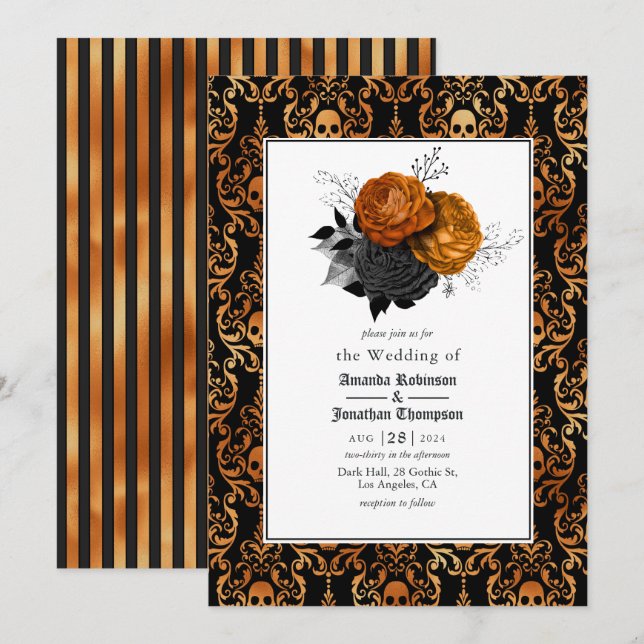 Schwarz-Orange-Blumengotik Einladung (Vorne/Hinten)
