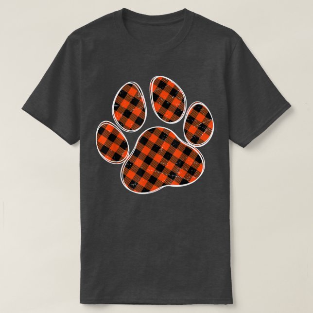 Schwarz-Orange Buffalo Karierte Dog Paw Print for  T-Shirt (Design vorne)