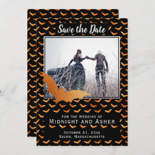 Schwarz-Orange-Foil-Bat Halloween Hochzeit Save The Date