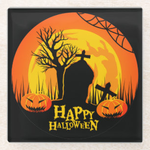 SCHWARZ ORANGE GELB GRUSELIG HALLOWEEN FRIEDHOF GLASUNTERSETZER