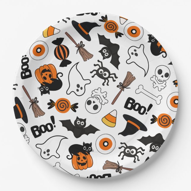 Schwarz-Orange-Halloween-Party Pappteller (Vorderseite)