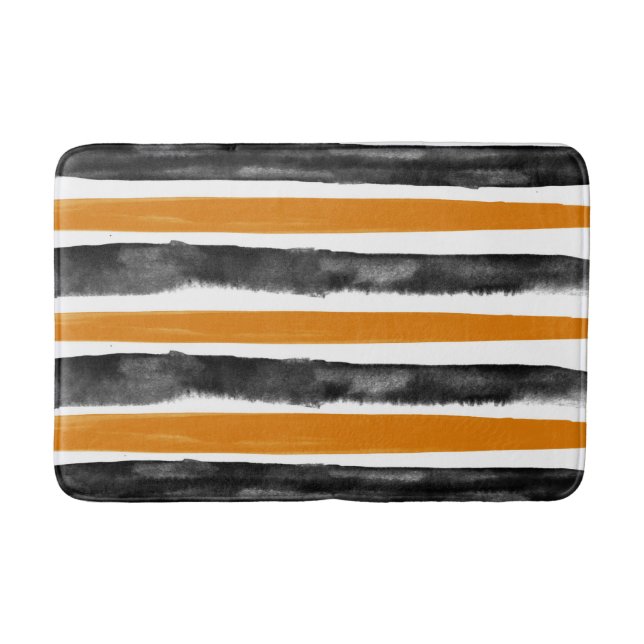 Schwarz-Orange Halloween Wasserfarben Streifen Badematte (Vorderseite)