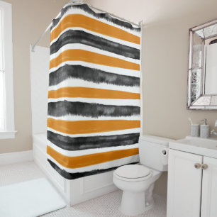 Schwarz-Orange Halloween Wasserfarben Streifen Duschvorhang